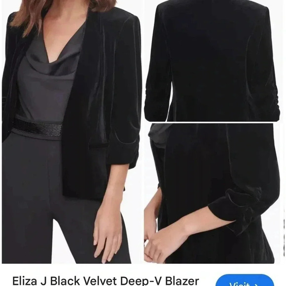 Vintage Jackets & Blazers - Y2K  ELIZA J. Black velvet,ruched 3/4 sleeves 
blazer ,faux front pockets